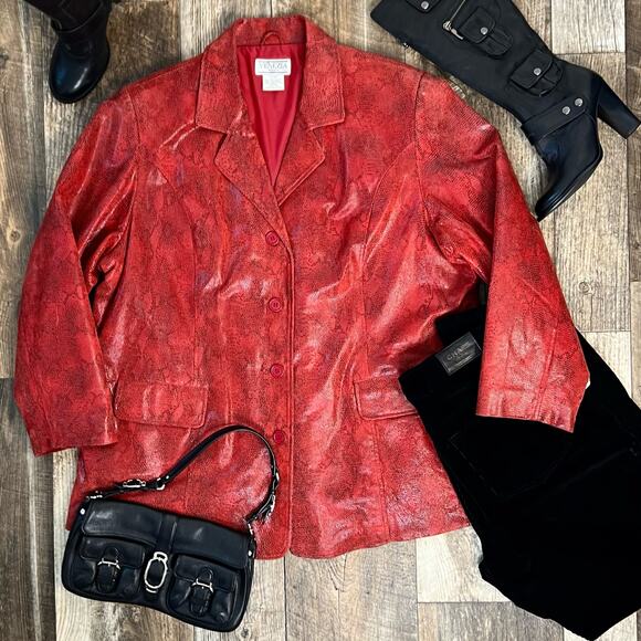 Vintage Y2K Red Genuine Leather Snakeskin Print Blazer Jacket Plus Size 3X - Picture 2 of 10